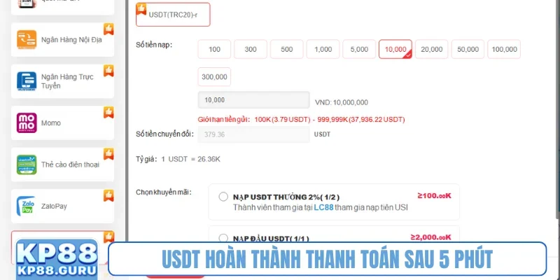 USDT hoàn thành thanh toán sau 5 phút